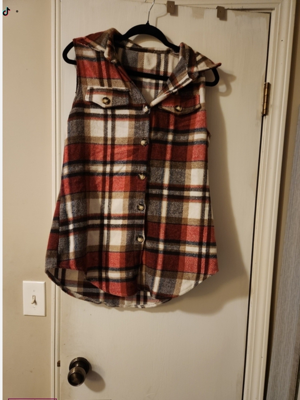 H&M Womens Plaid Sleeveless Hooded Button-Front Top - Rust, Cream & Brown